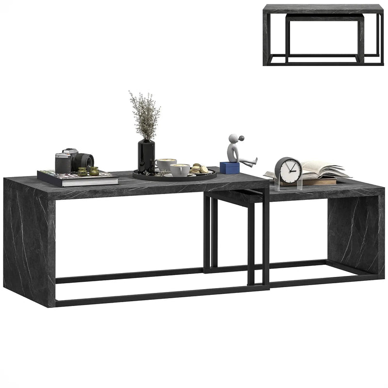 Coffee Tables Nesting Table Set of 2 Side Table w/ Metal Frame for Living Room Bedroom Black & Brown by House Of Avana