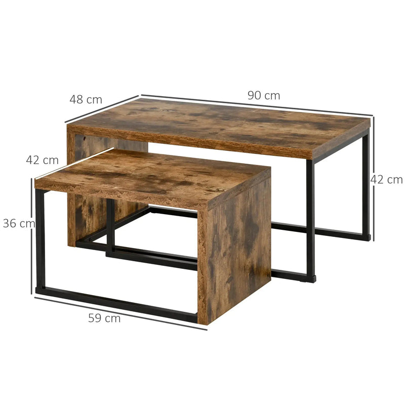 Coffee Tables Nesting Table Set of 2 Side Table w/ Metal Frame for Living Room Bedroom Black & Brown by House Of Avana