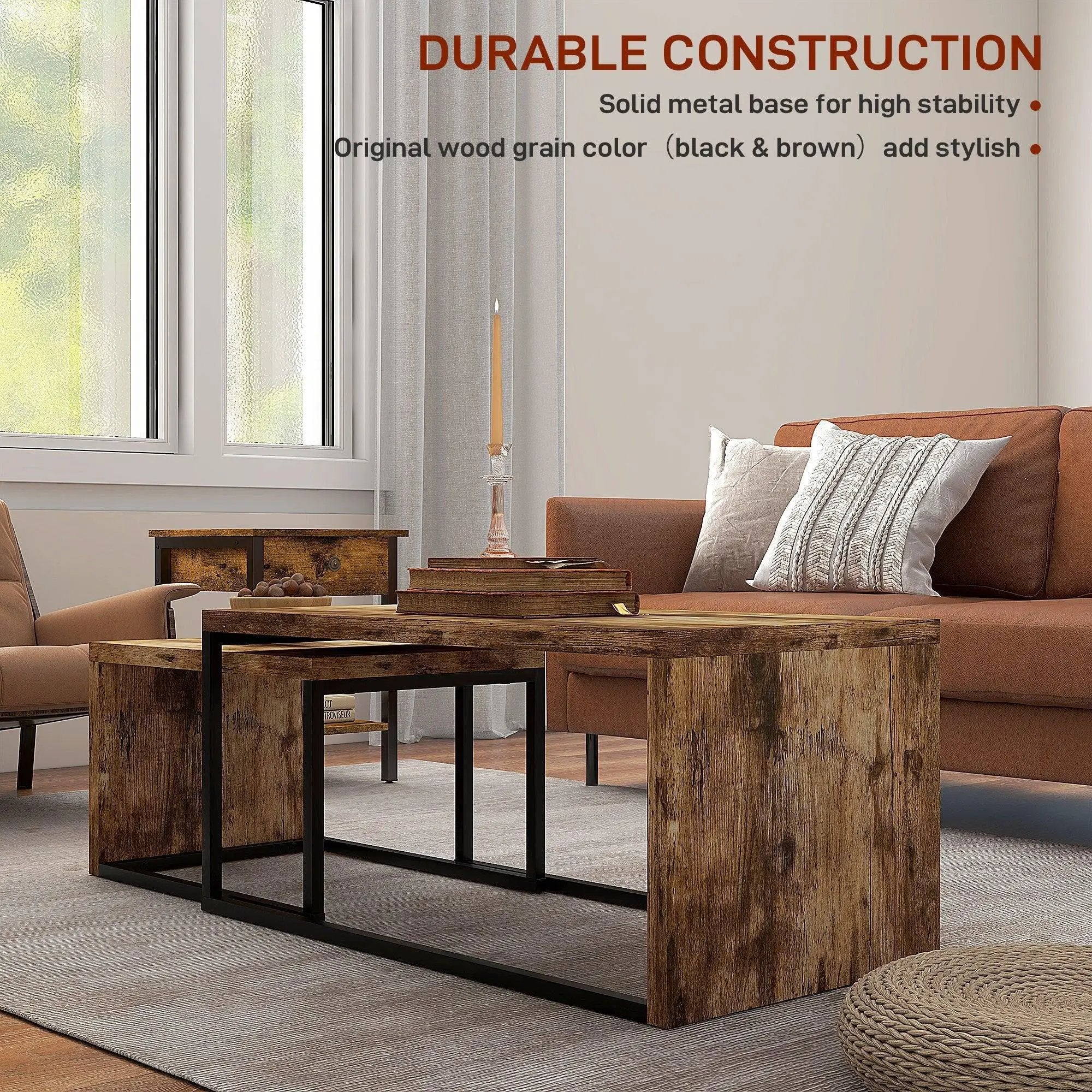 Coffee Tables Nesting Table Set of 2 Side Table w/ Metal Frame for Living Room Bedroom Black & Brown by House Of Avana