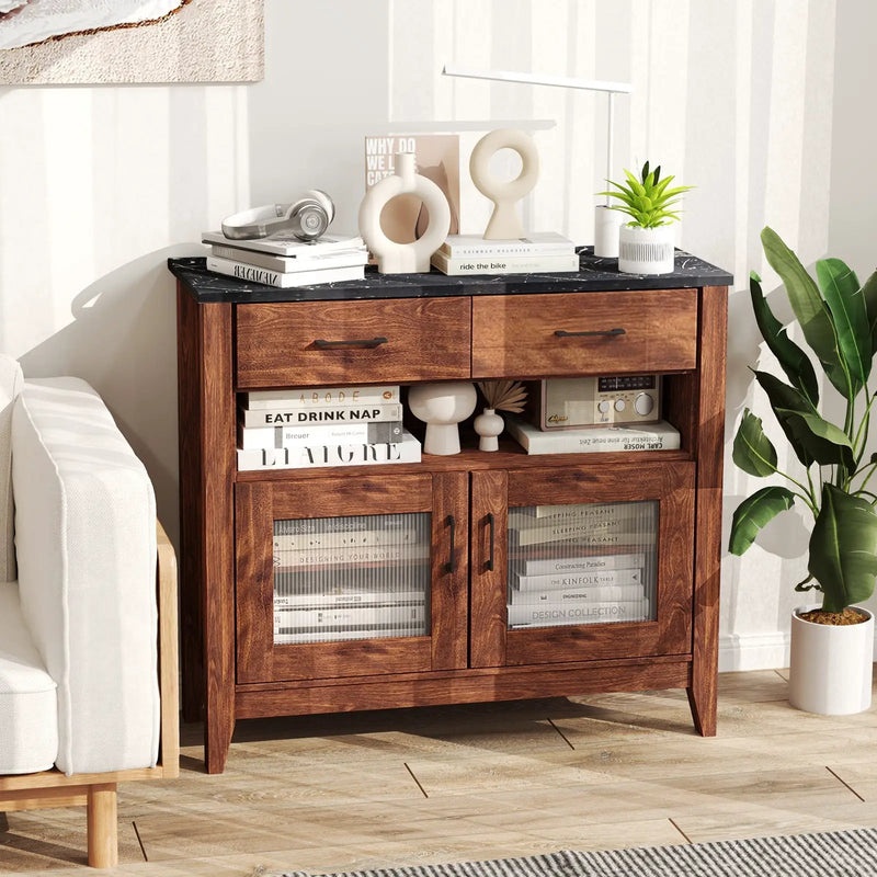 Coffee Bar Cabinet with 2 Drawers and 1 Open Compartment-Brown by DirectDeals
