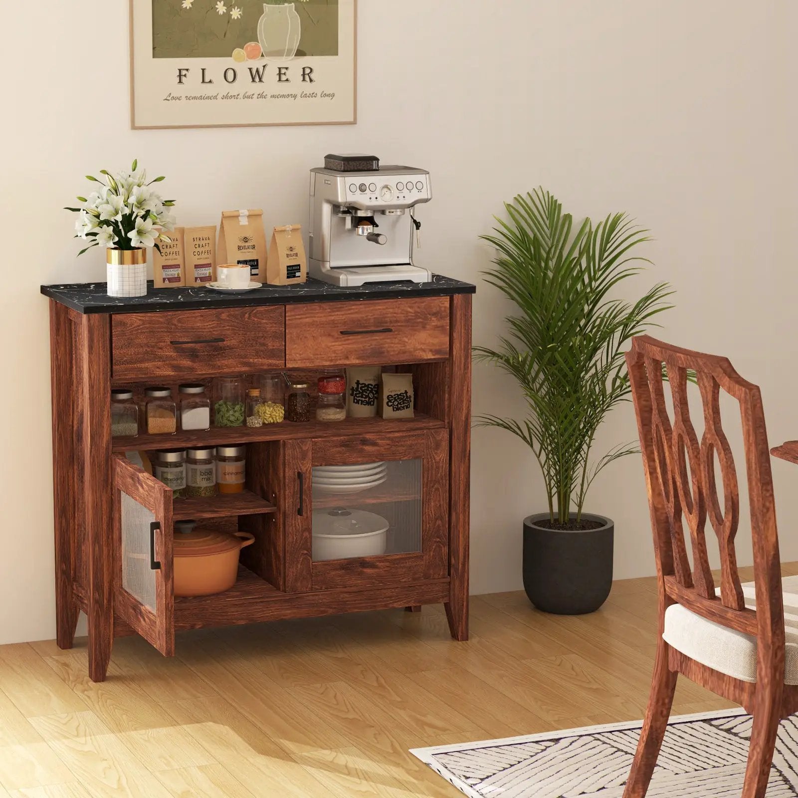 Coffee Bar Cabinet with 2 Drawers and 1 Open Compartment-Brown by DirectDeals