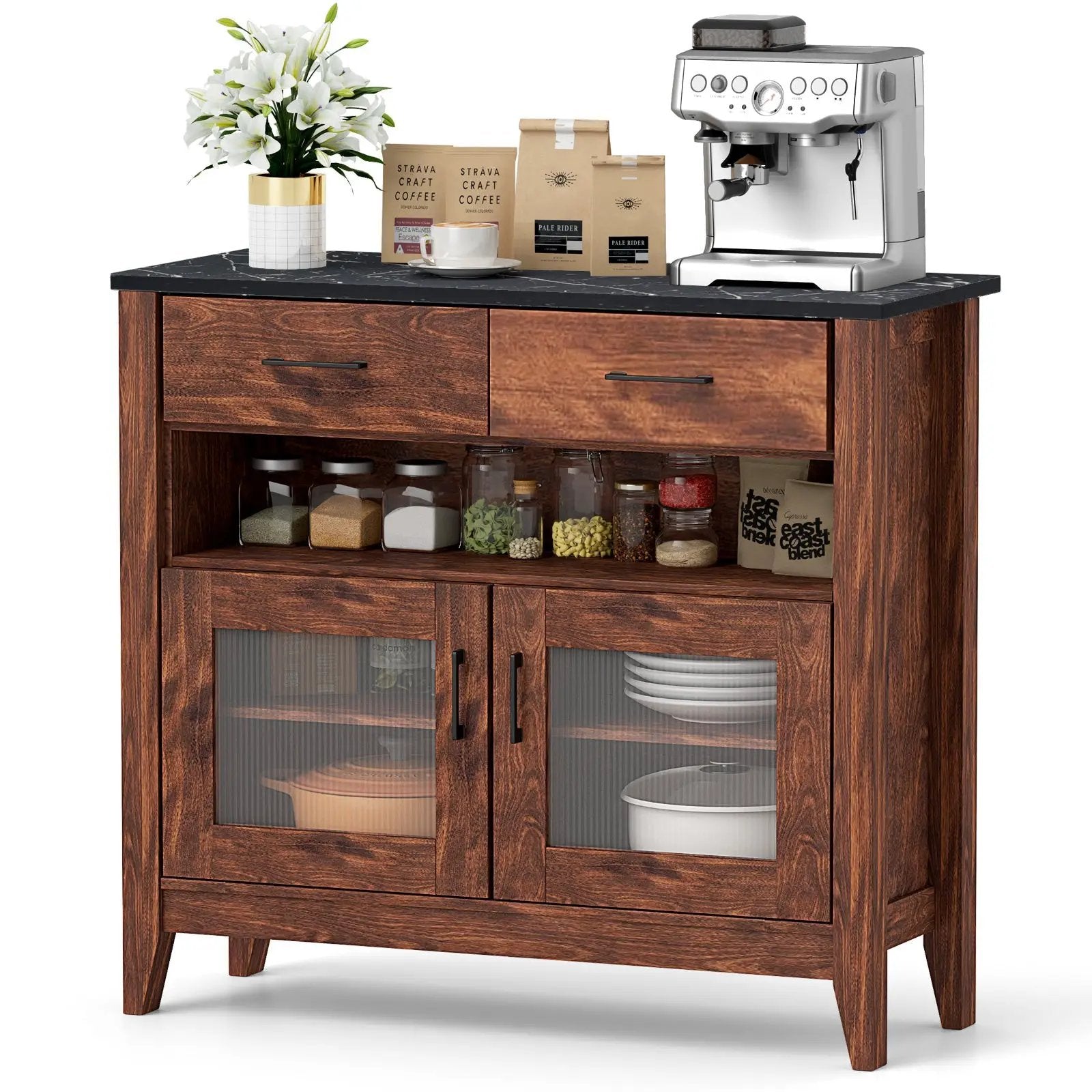 Coffee Bar Cabinet with 2 Drawers and 1 Open Compartment-Brown by DirectDeals