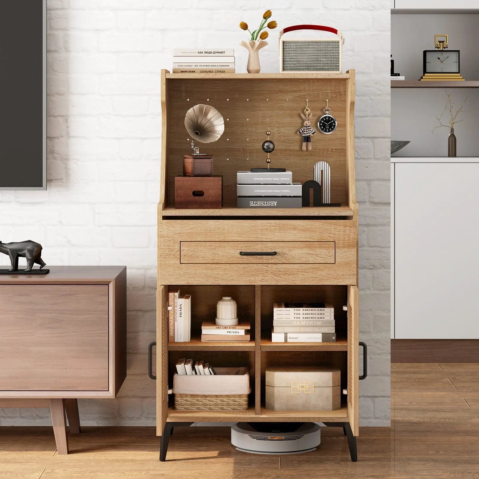 Coffee Bar Cabinet with Pegboard Storage Drawer and Adjustable Shelf-Oak by DirectDeals