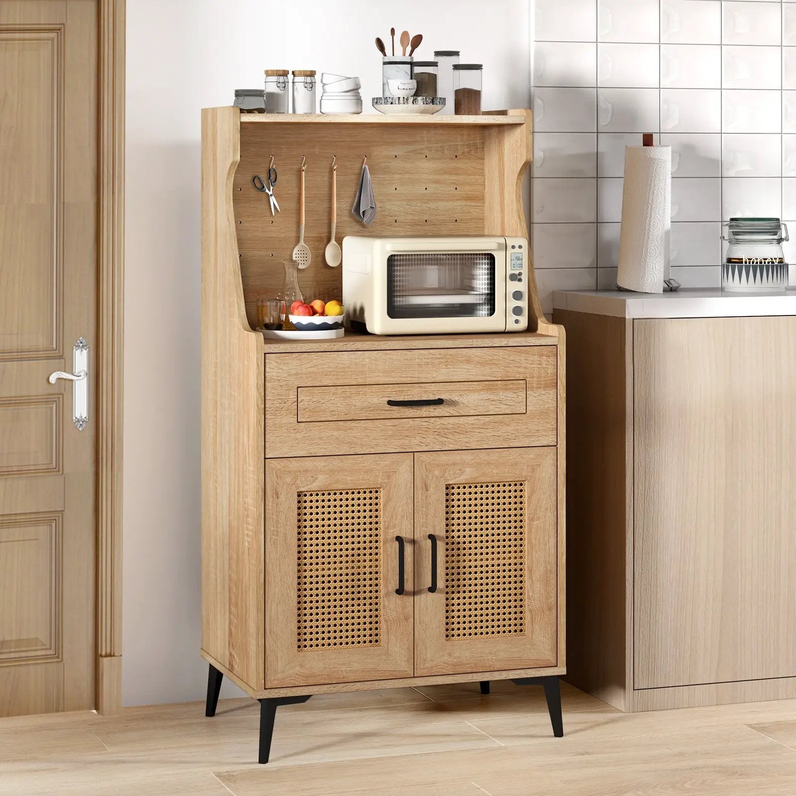 Coffee Bar Cabinet with Pegboard Storage Drawer and Adjustable Shelf-Oak by DirectDeals