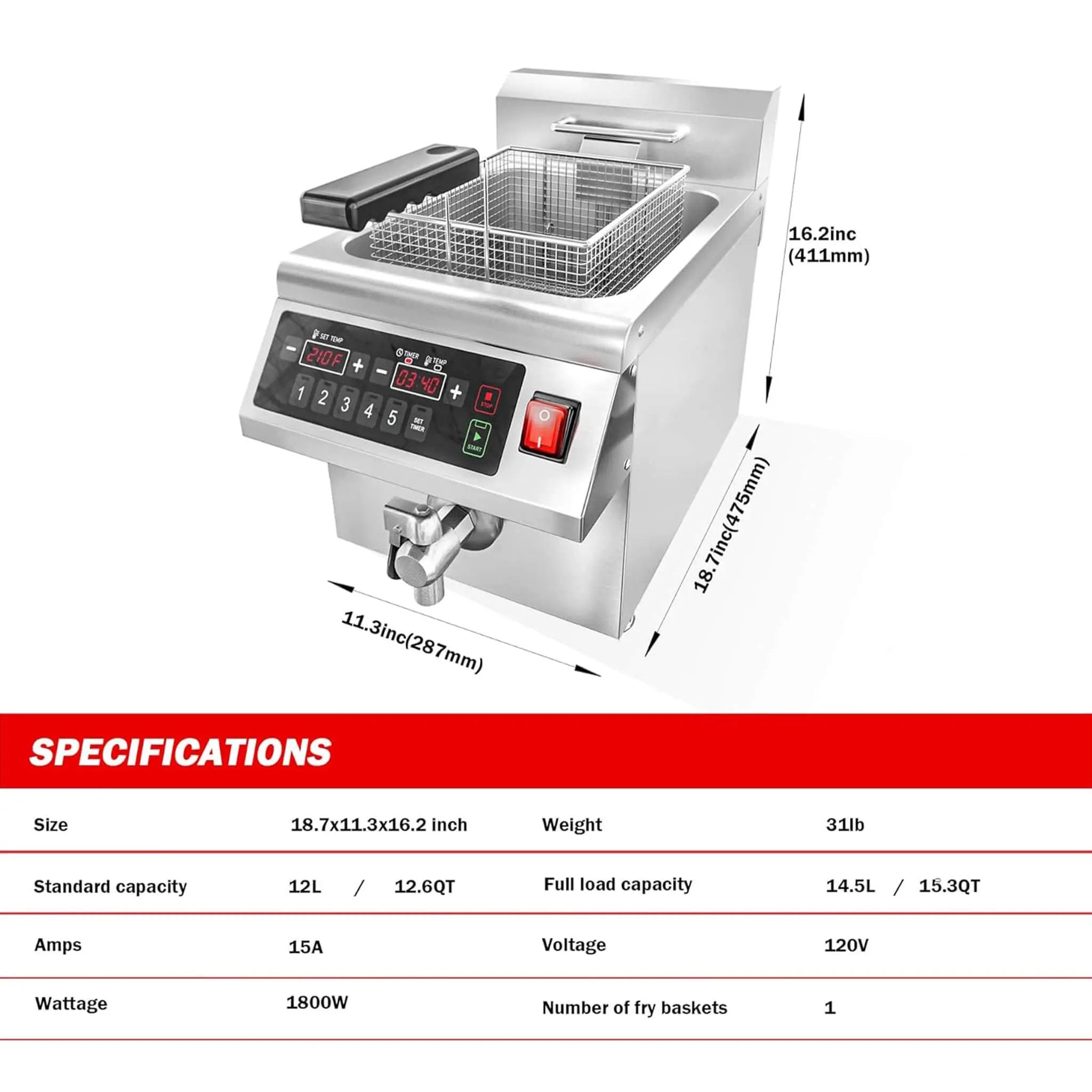Commercial 12.6 QT 1800W Electric Induction Deep Fryer With Timer (SAK15870) by SAKSBY WHOLESALE