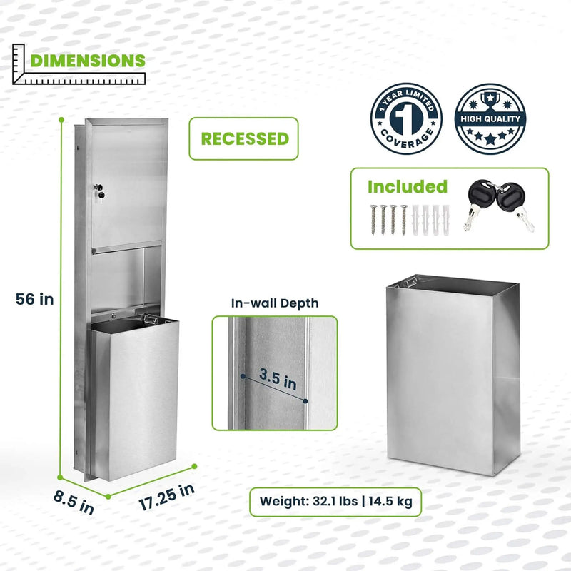 Commercial Recessed Paper Towel Dispenser With 12-Gallon Wall Trash Can (SAK49261) by SAKSBY WHOLESALE