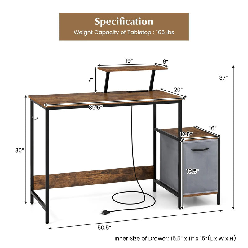 Computer Desk with Reversible Storage Drawer and Moveable Shelf-Brown by DirectDeals