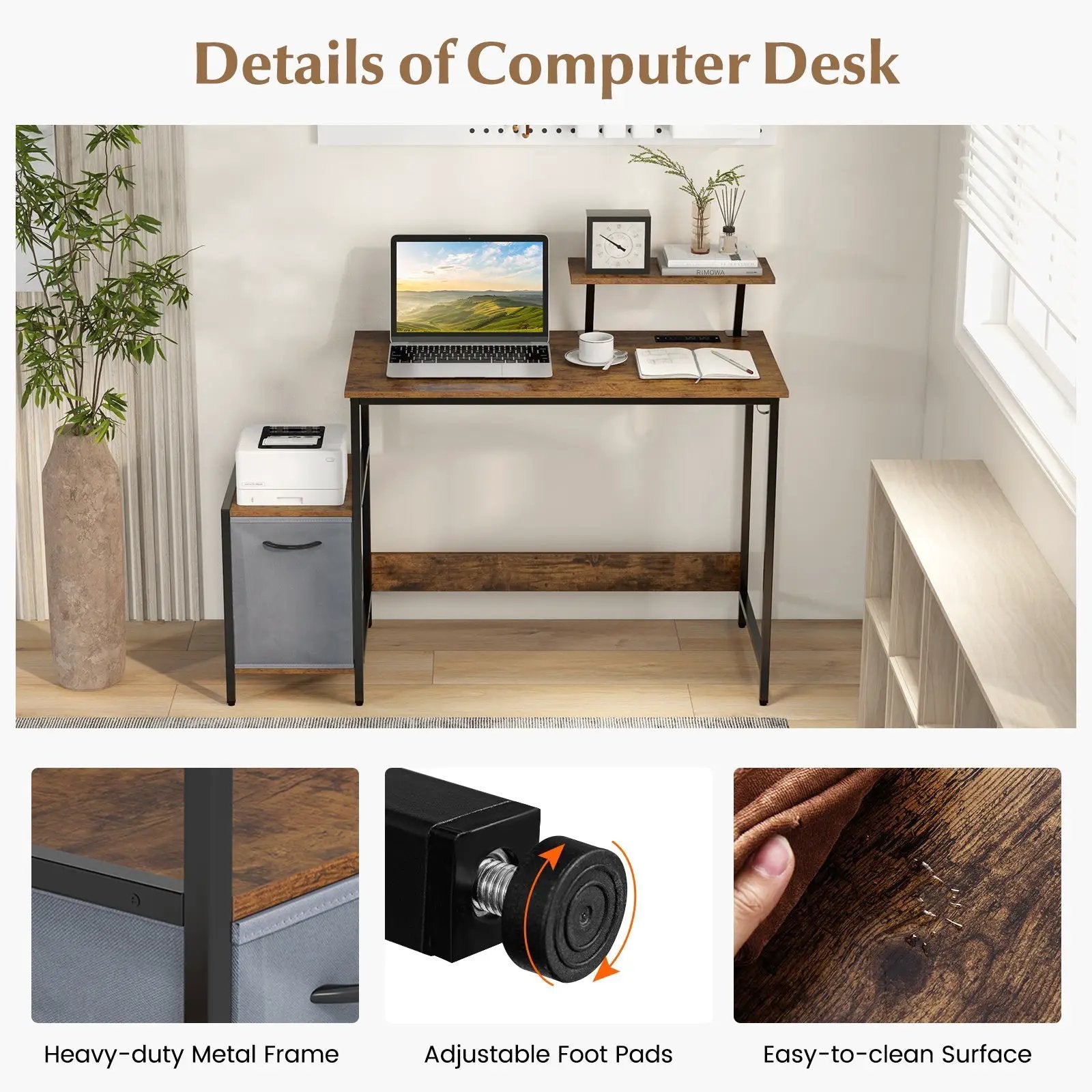 Computer Desk with Reversible Storage Drawer and Moveable Shelf-Brown by DirectDeals