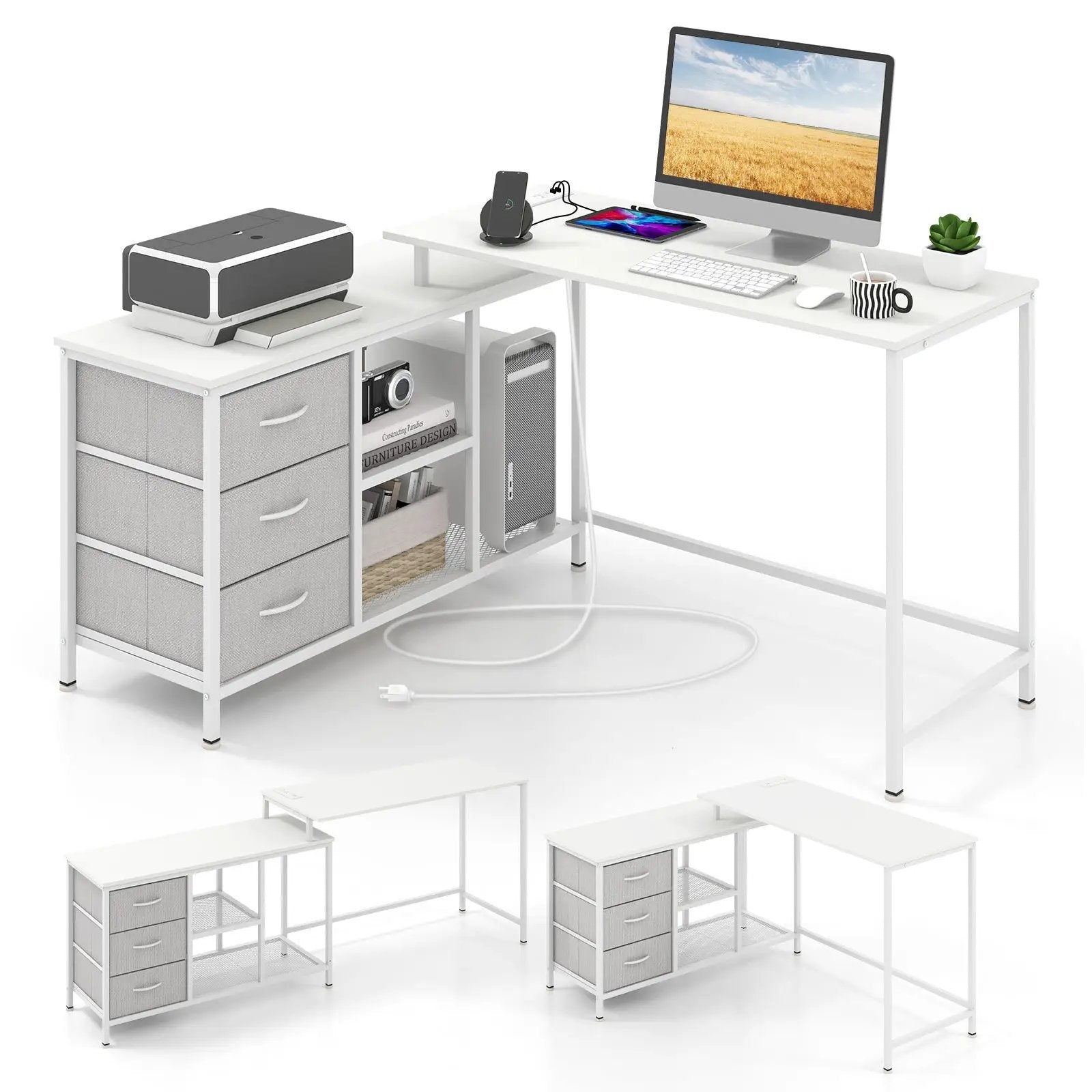L-shaped Computer Desk with Power Outlet for Working Studying Gaming by DirectDeals