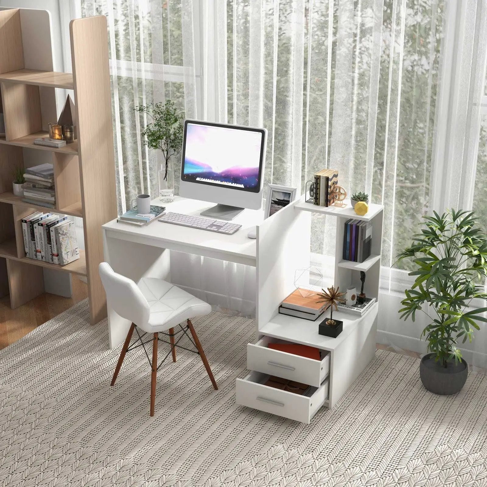 Computer Desk Home Office with Bookshelf and Drawers-White by DirectDeals