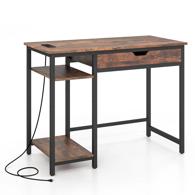 Computer Desk with Charging Station and Drawer & Adjustable Shelf-Rustic Brown by DirectDeals