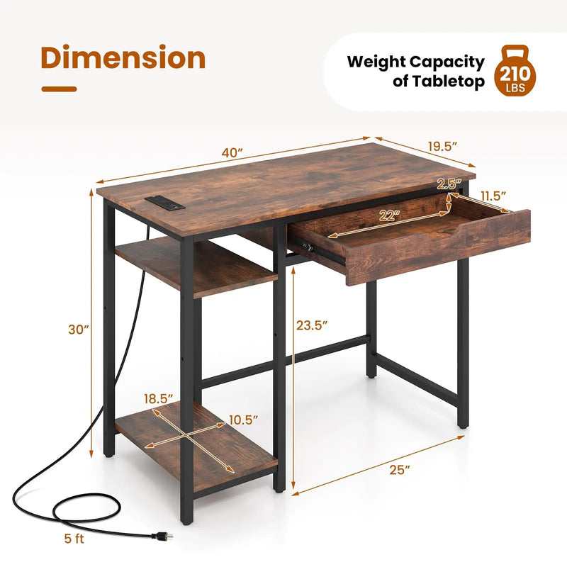 Computer Desk with Charging Station and Drawer & Adjustable Shelf-Rustic Brown by DirectDeals
