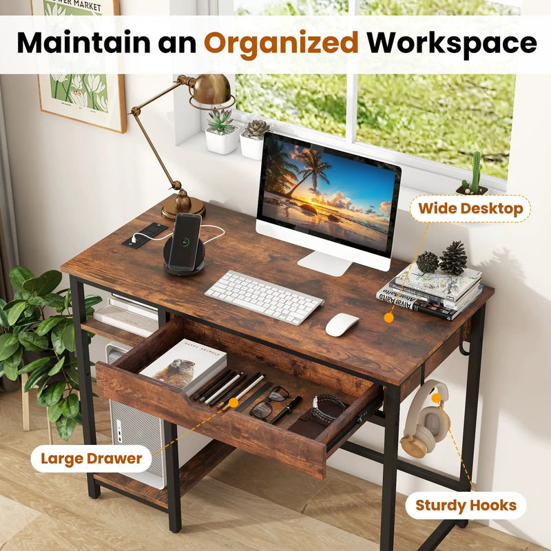 Computer Desk with Charging Station and Drawer & Adjustable Shelf-Rustic Brown by DirectDeals