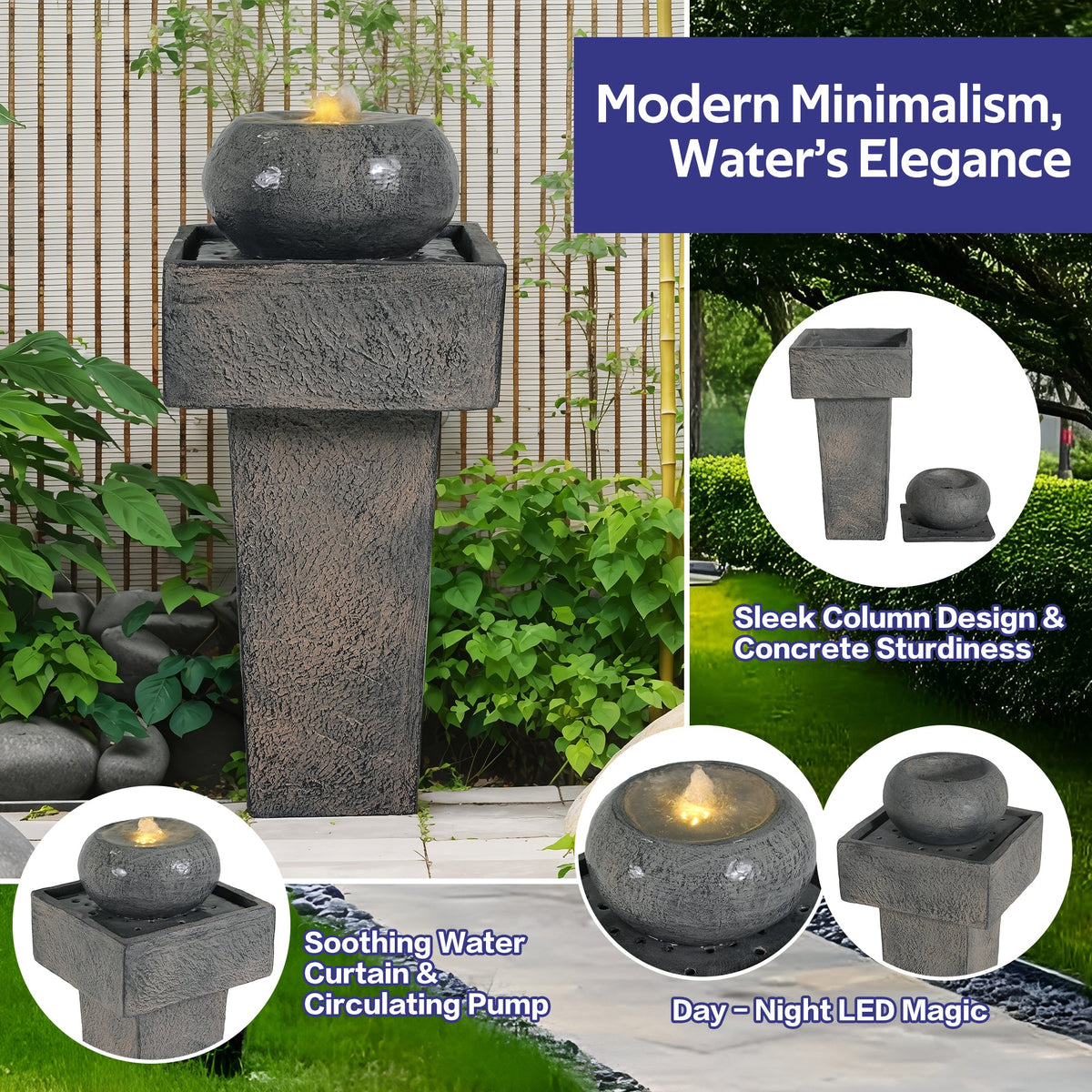 Concrete Orb Column Outdoor Water Fountain with LED, photo 2 of 9