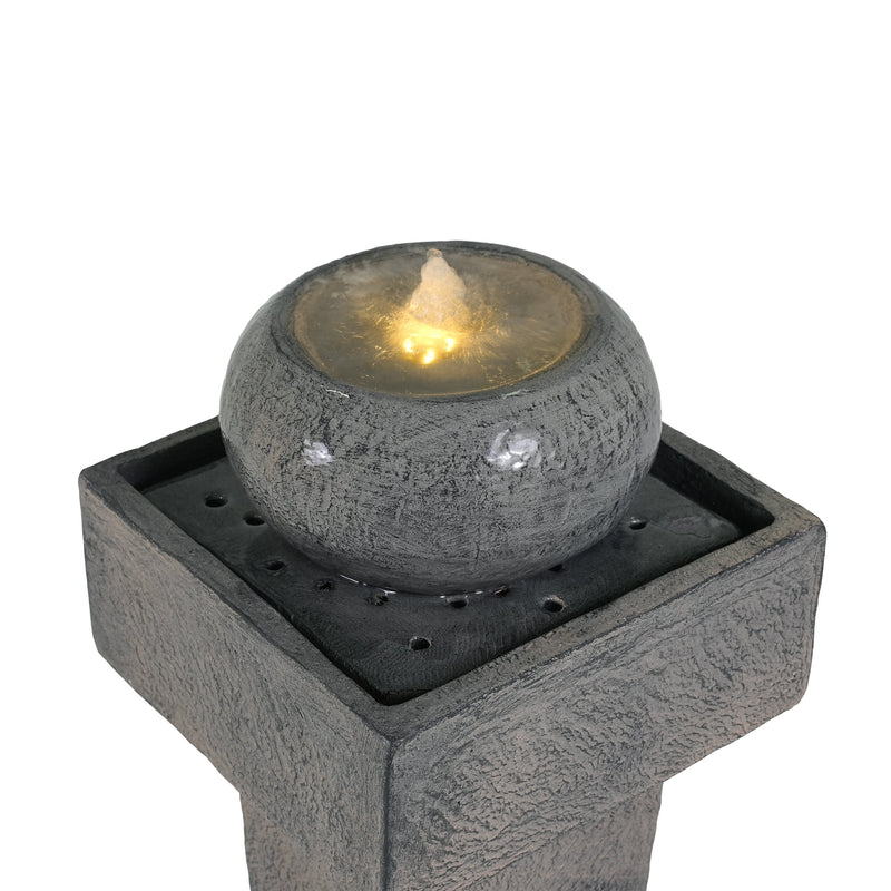 Concrete Orb Column Outdoor Water Fountain with LED, close-up of the surface
