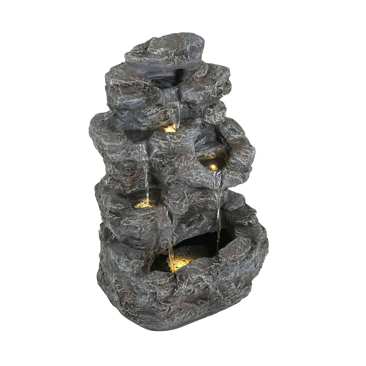 Concrete Rock Waterfall Fountain Outdoor with LED 5 Tier, angled view