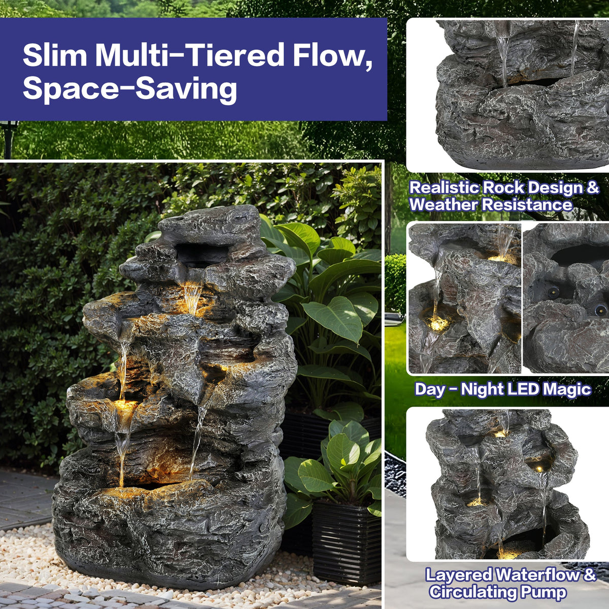 Concrete Rock Waterfall Fountain Outdoor with LED 5 Tier, photo 2 of 5