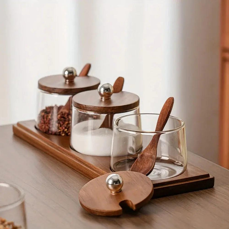 Condiment Set - Wooden Acacia 4-Jar by House Of Avana