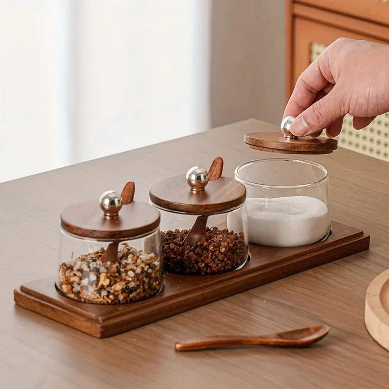 Condiment Set - Wooden Acacia 4-Jar by House Of Avana