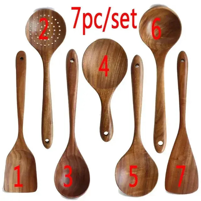 Cooking Spoons - Non-Stick Wooden Teak Set by House Of Avana