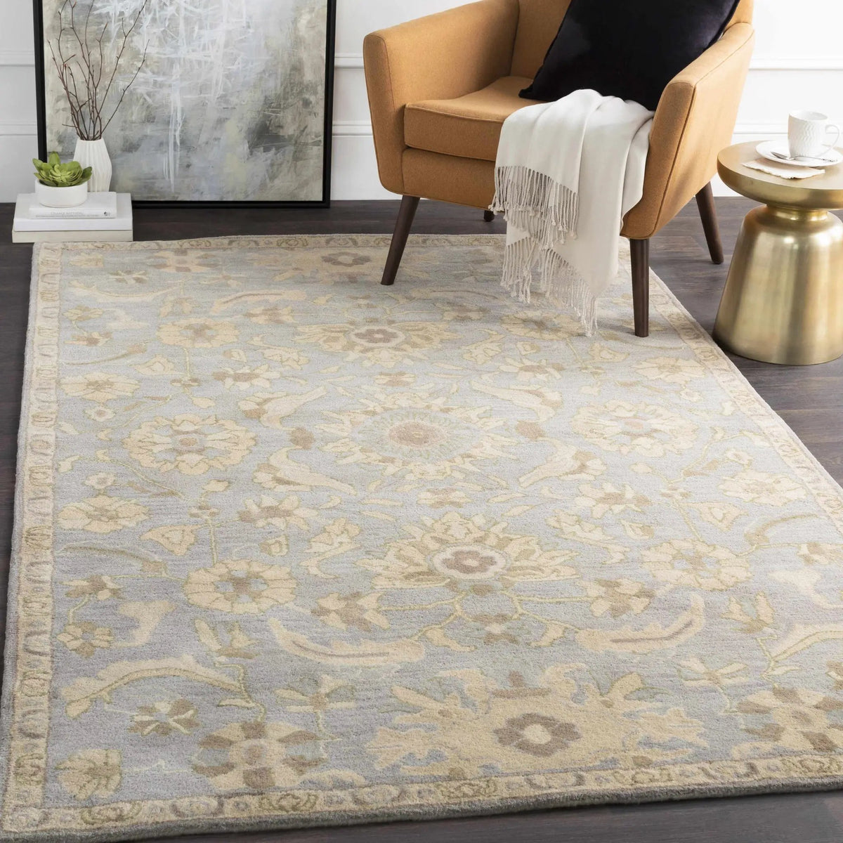 Copen Beige Floral Wool Rug, installed in a room