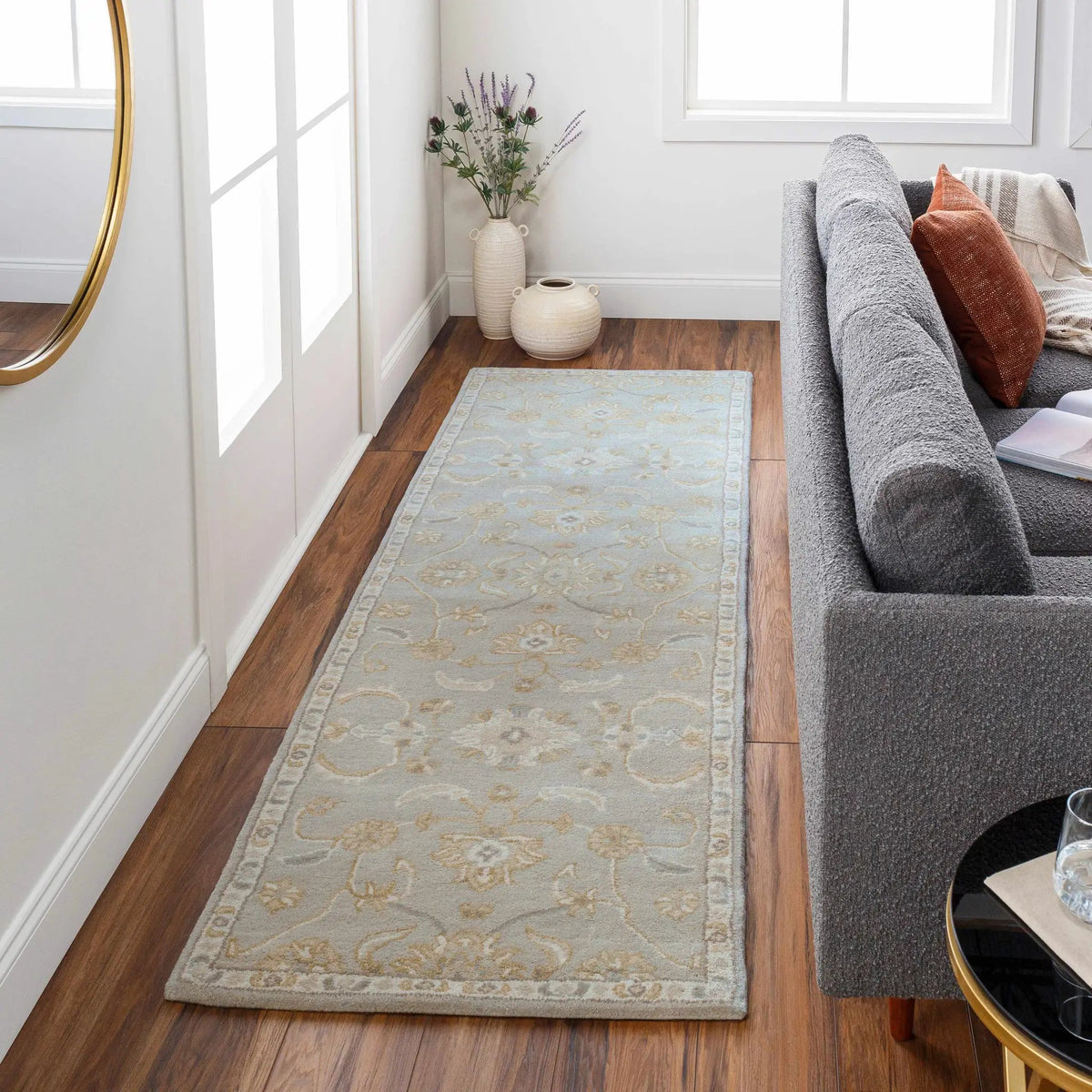 Copen Beige Floral Wool Rug, installed in a room 2