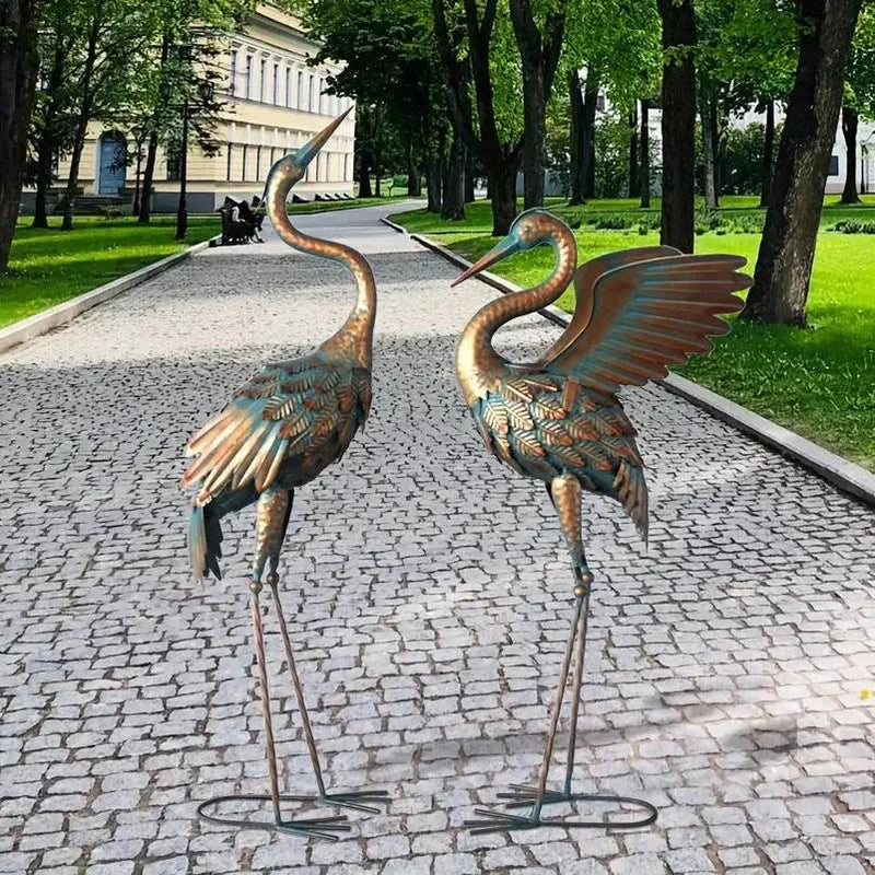 Copper Metal Crane Garden Statue Set by House Of Avana
