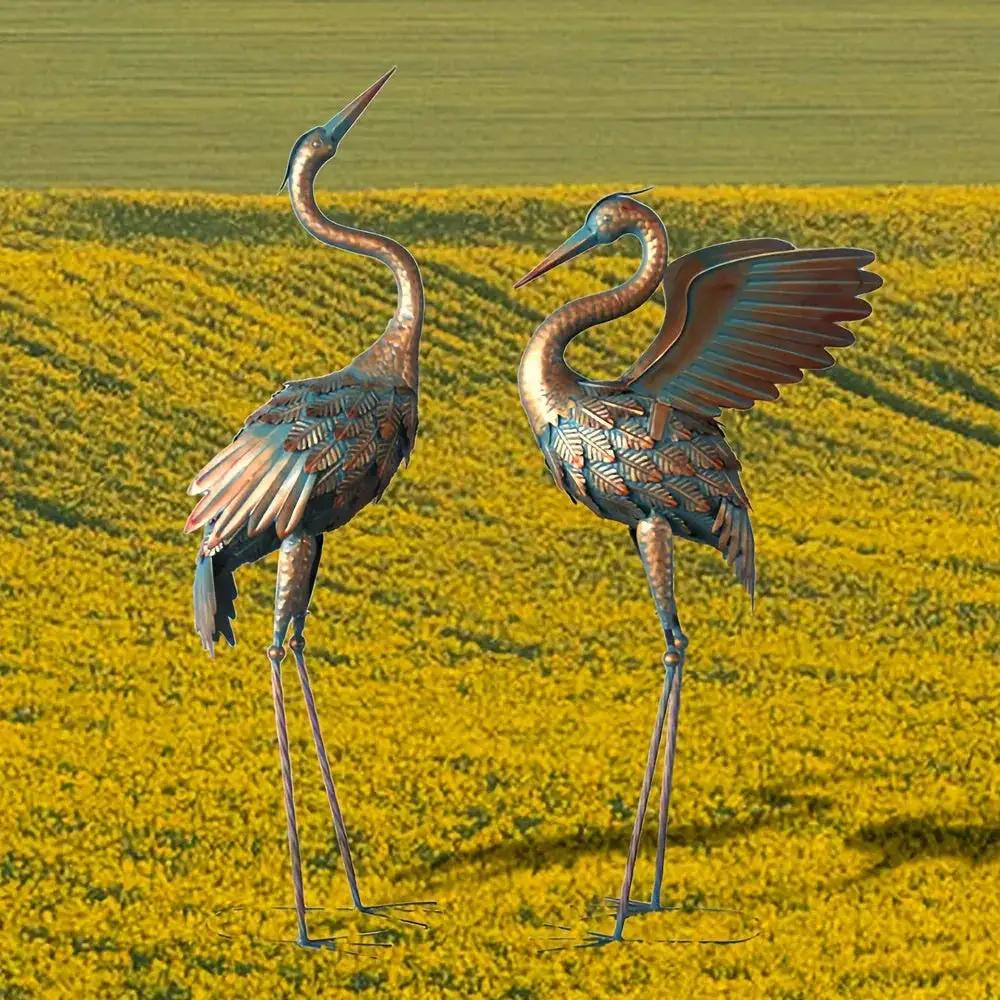 Copper Metal Crane Garden Statue Set by House Of Avana