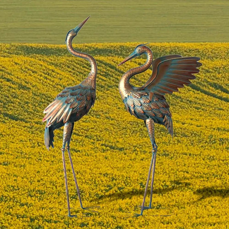 Copper Metal Crane Garden Statue Set by House Of Avana