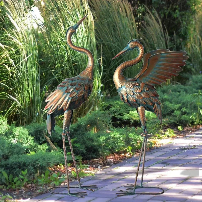 Copper Metal Crane Garden Statue Set by House Of Avana