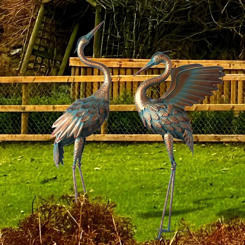 Copper Metal Crane Garden Statue Set by House Of Avana