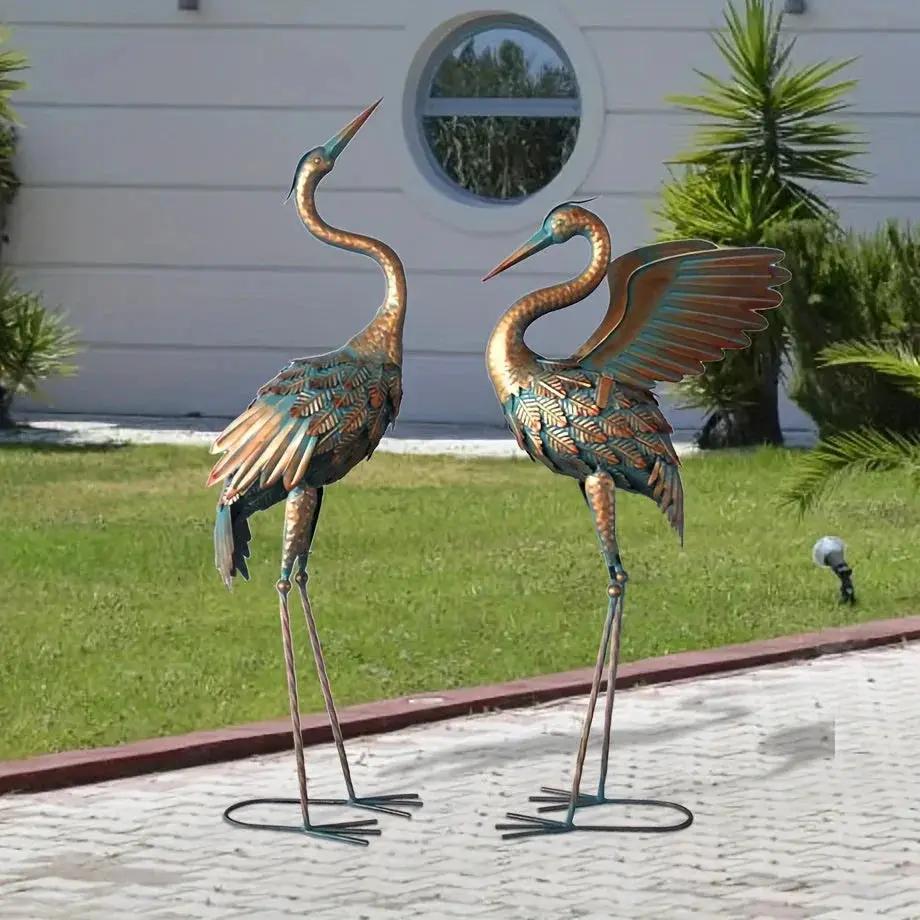 Copper Metal Crane Garden Statue Set by House Of Avana