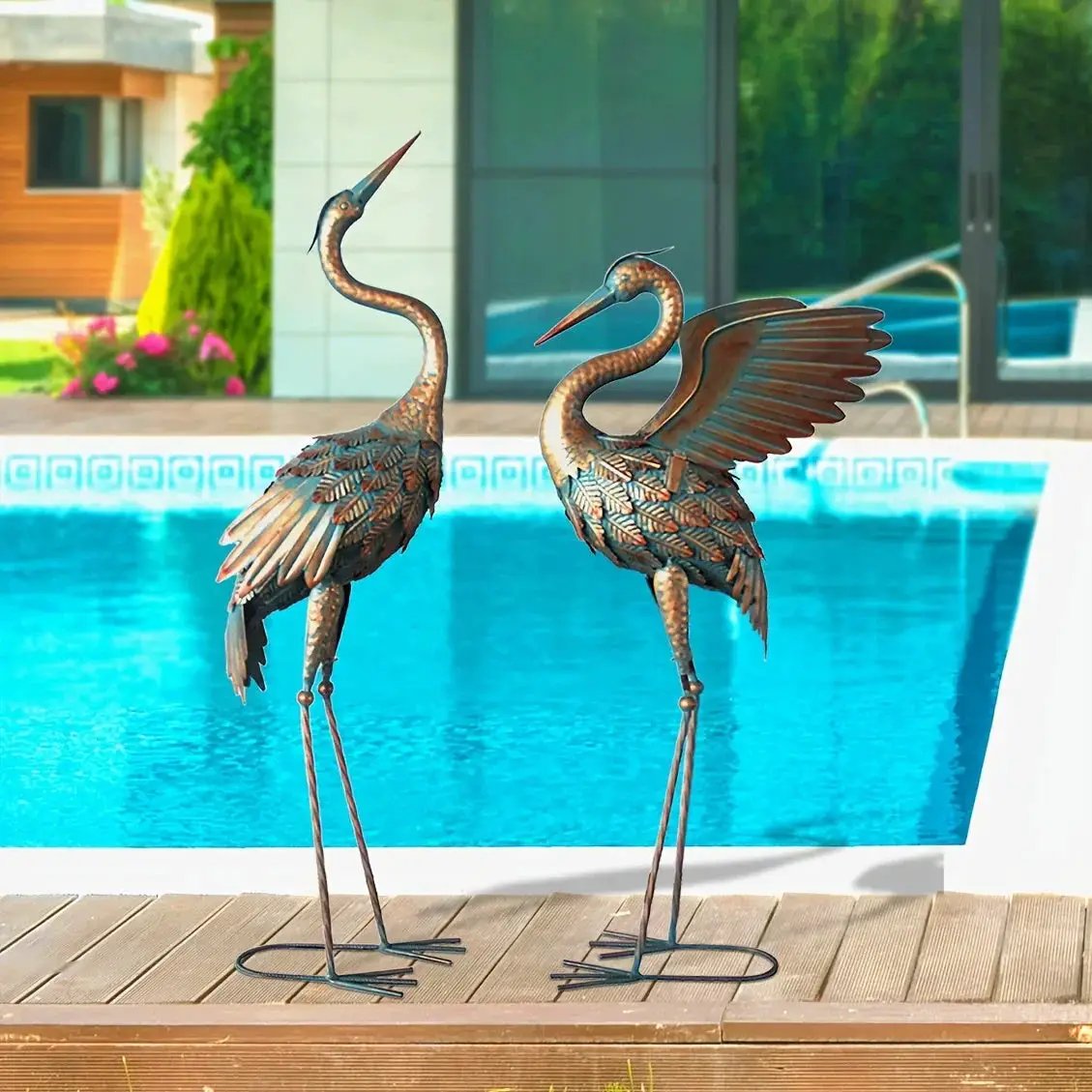 Copper Metal Crane Garden Statue Set by House Of Avana