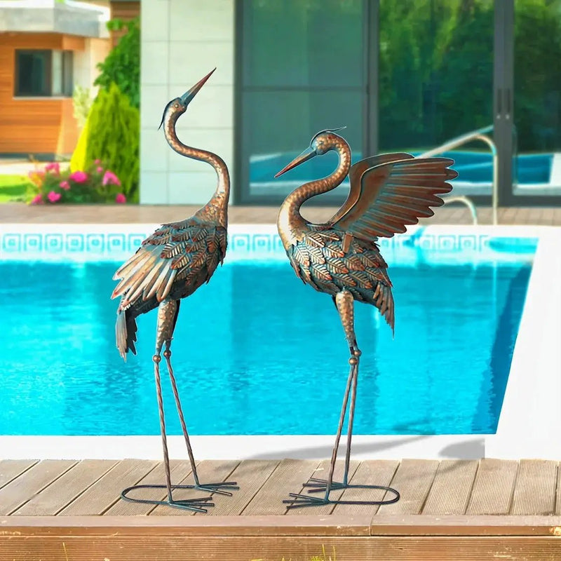 Copper Metal Crane Garden Statue Set by House Of Avana