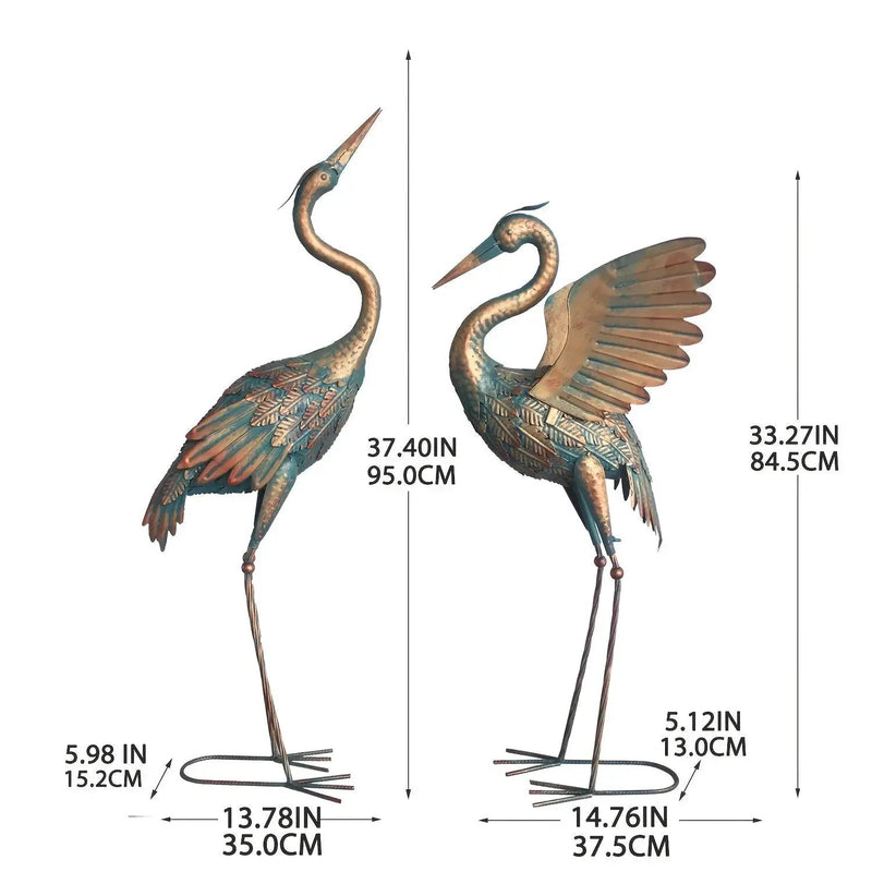Copper Metal Crane Garden Statue Set by House Of Avana