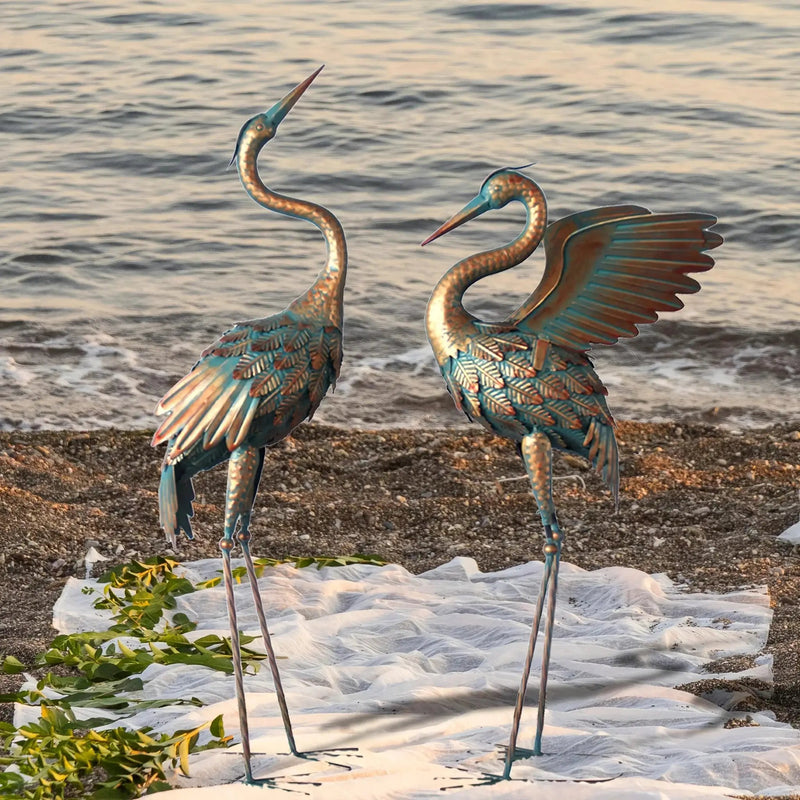 Copper Metal Crane Garden Statue Set by House Of Avana