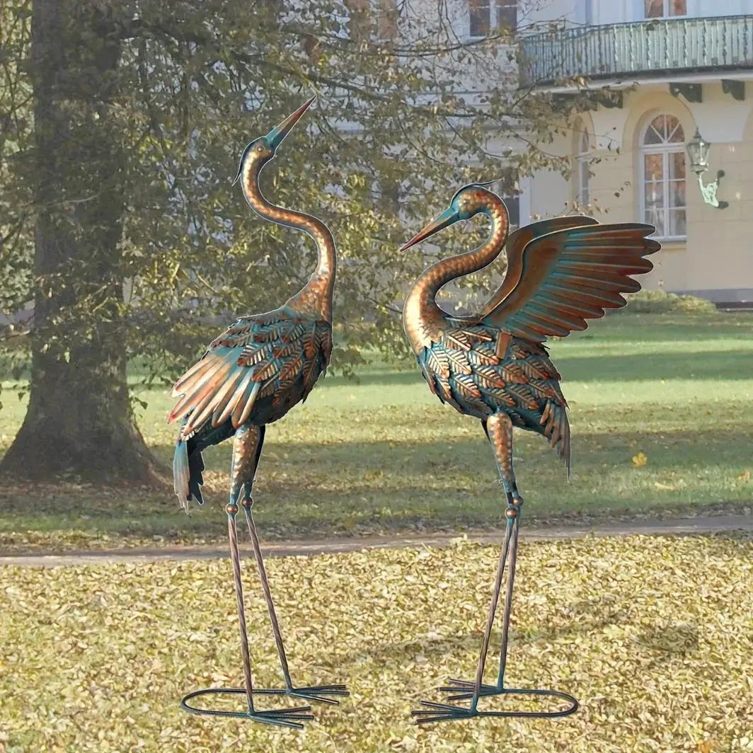 Copper Metal Crane Garden Statue Set by House Of Avana