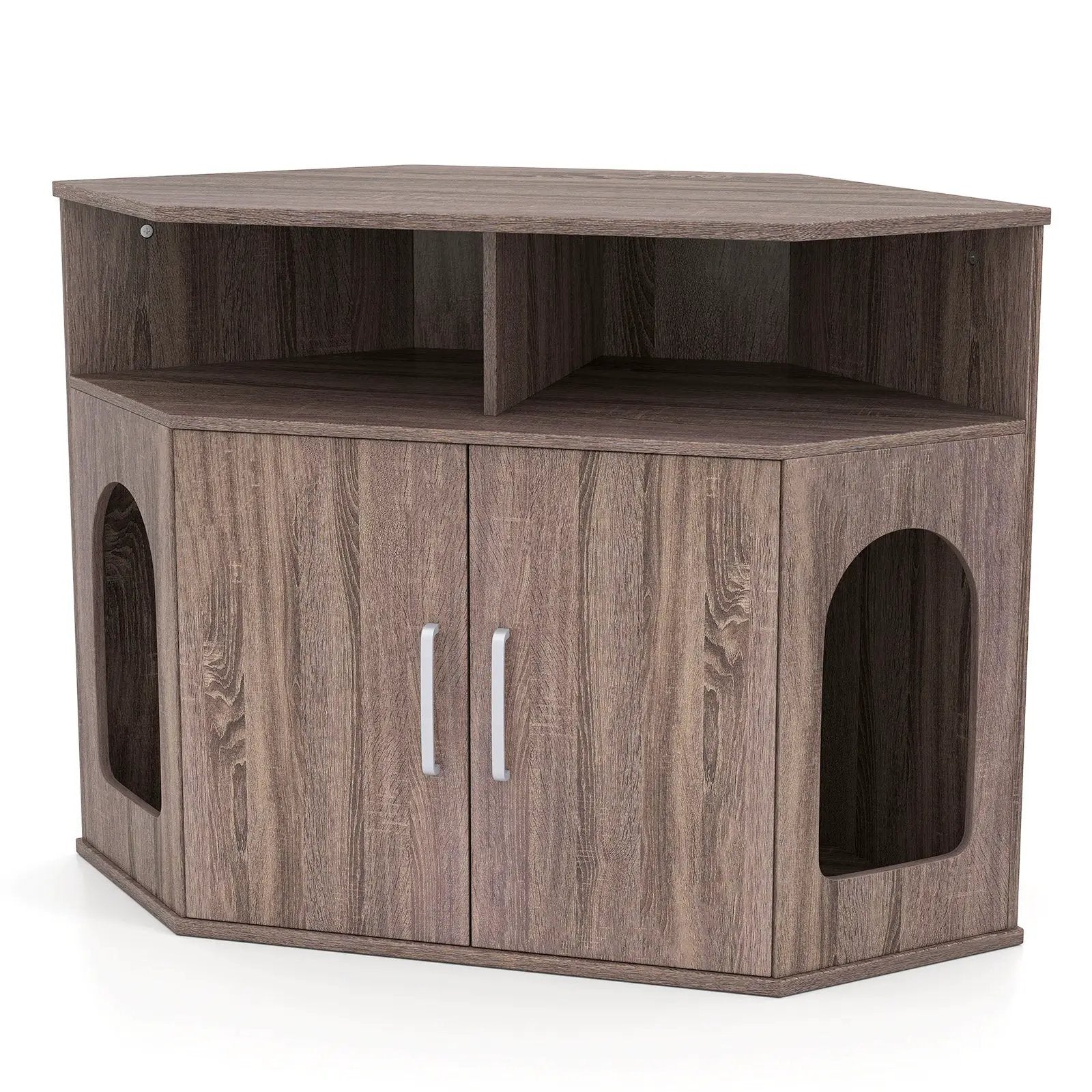 Corner Cat Litter Box Enclosure with Storage Shelves and Double Doors-Gray by DirectDeals
