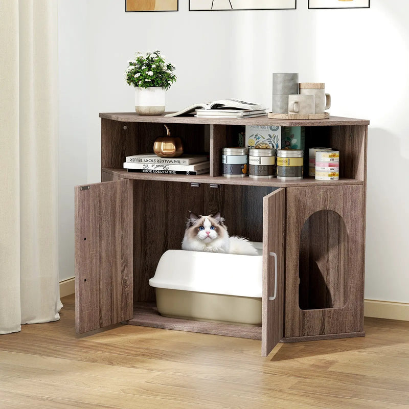 Corner Cat Litter Box Enclosure with Storage Shelves and Double Doors-Gray by DirectDeals