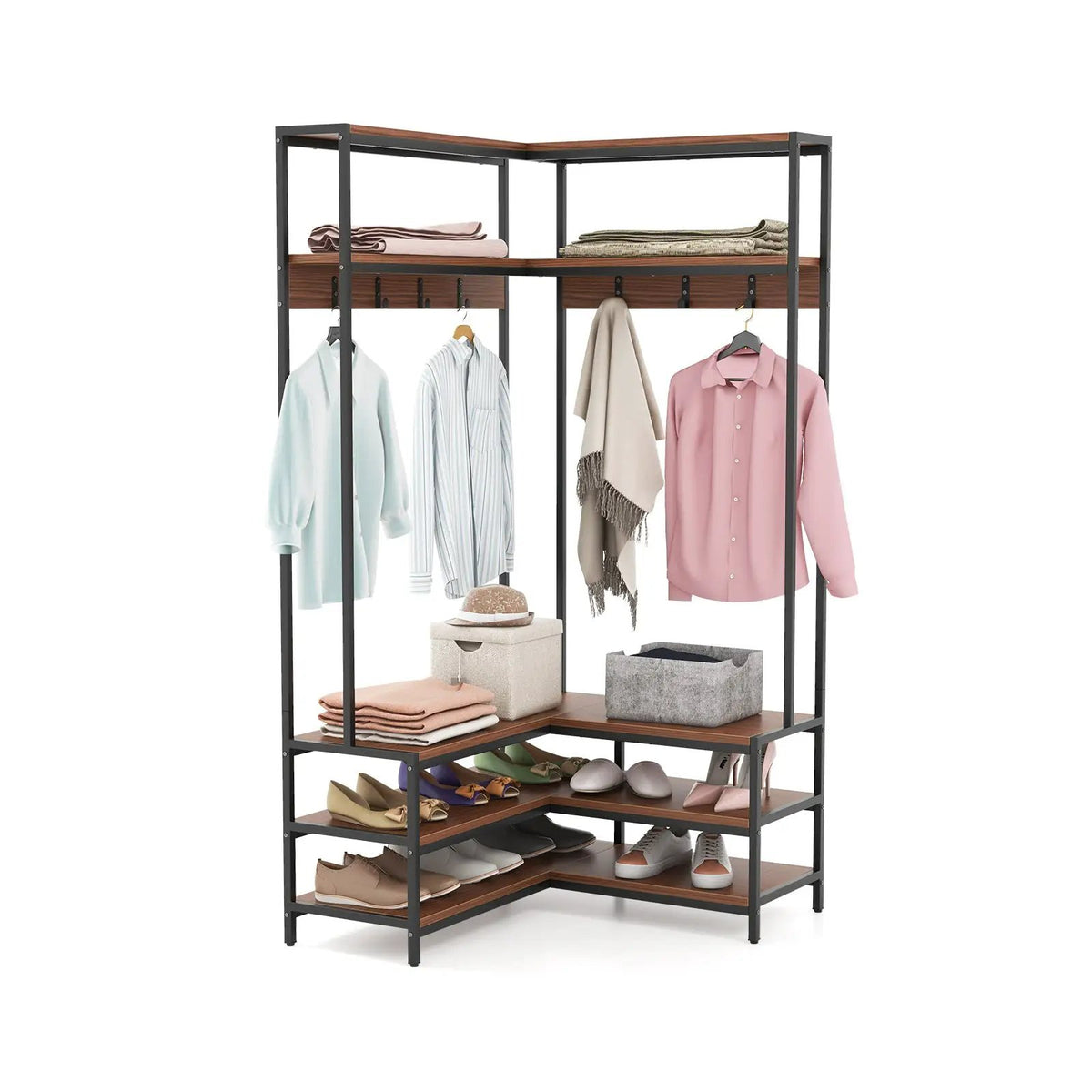 Corner Garment Rack with Open Shelves and 7 Hooks Shoe Bench, photo 10 of 10