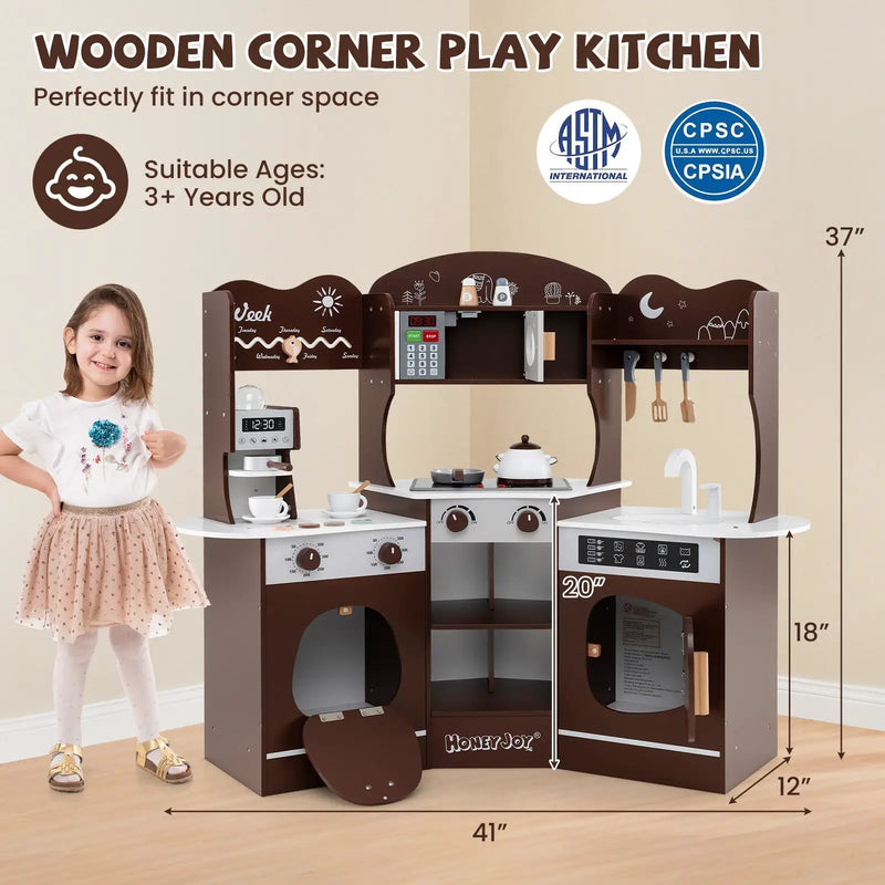 Corner Wooden Play Kitchen with Coffee Machine and Slide for Kids by DirectDeals
