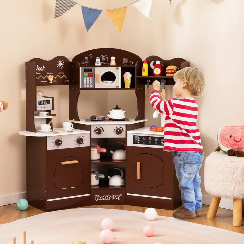 Corner Wooden Play Kitchen with Coffee Machine and Slide for Kids by DirectDeals