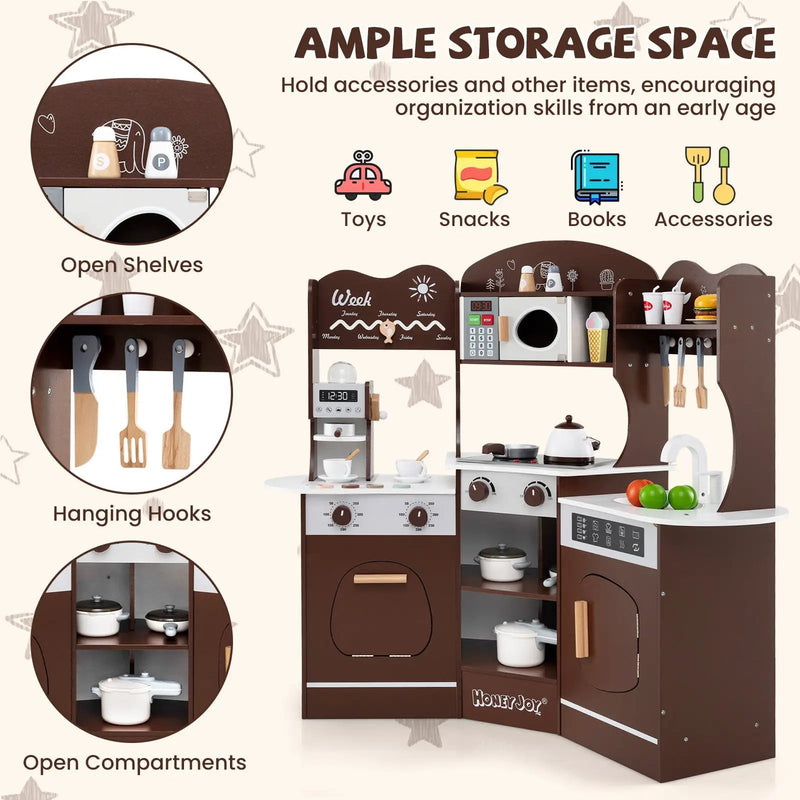 Corner Wooden Play Kitchen with Coffee Machine and Slide for Kids by DirectDeals