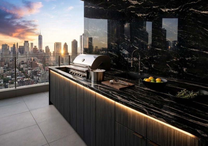 Cosmic Black Polished Granite Slab Random room scene