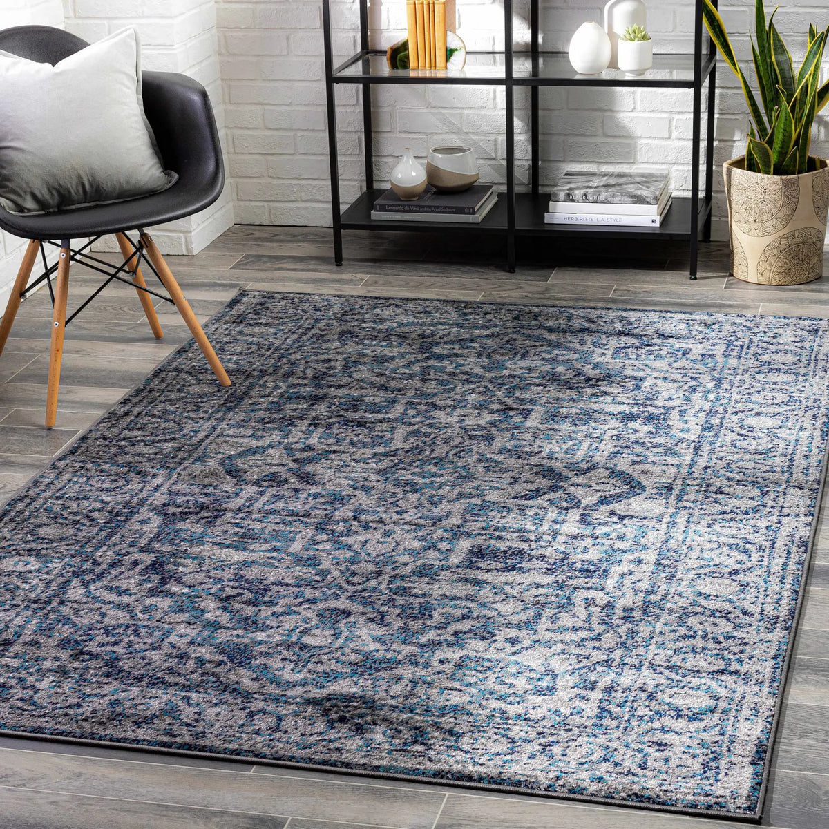 Costigan Traditional Navy Rug, installed in a room 2