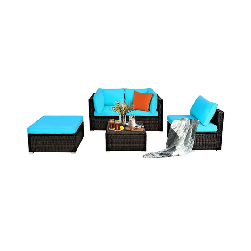Alora Outdoor 5-Piece Patio Rattan Turquoise Furniture Sectional Conversation Sofa Set (SAK56878) by SAKSBY WHOLESALE
