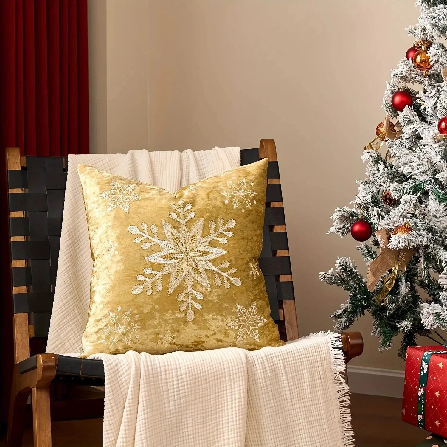 Cotton Christmas Pillow Cover 18x18 inches, White with Golden Snowflake Design by House Of Avana