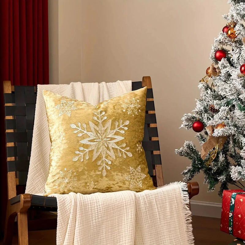 Cotton Christmas Pillow Cover 18x18 inches, White with Golden Snowflake Design by House Of Avana