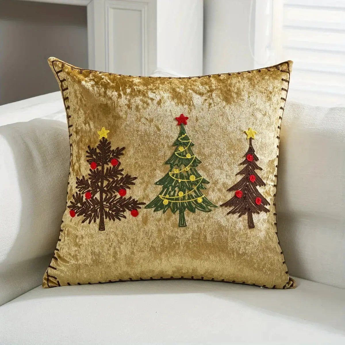 Cotton Christmas Pillow Cover 18x18 inches, White with Golden Snowflake Design by House Of Avana