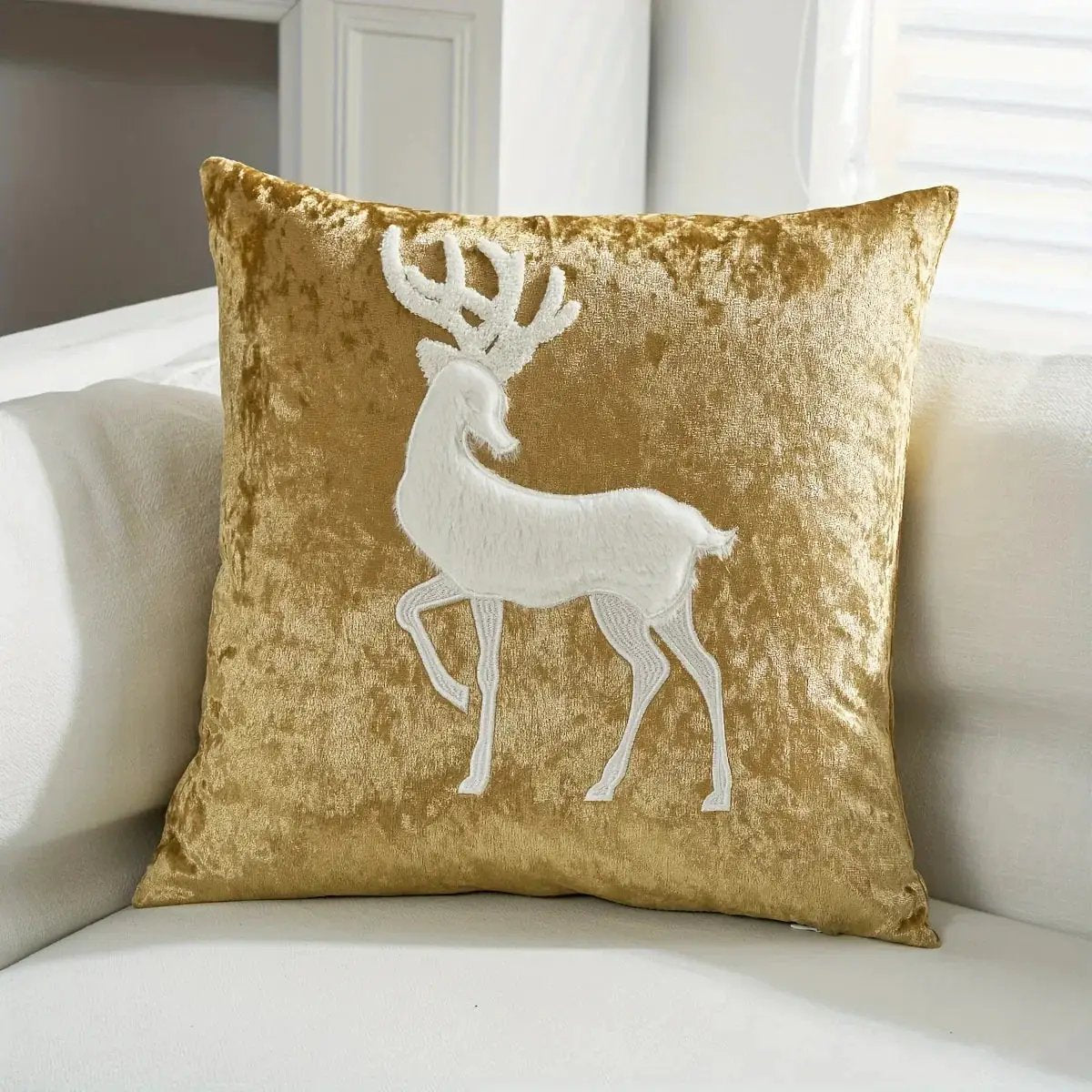 Cotton Christmas Pillow Cover 18x18 inches, White with Golden Snowflake Design by House Of Avana
